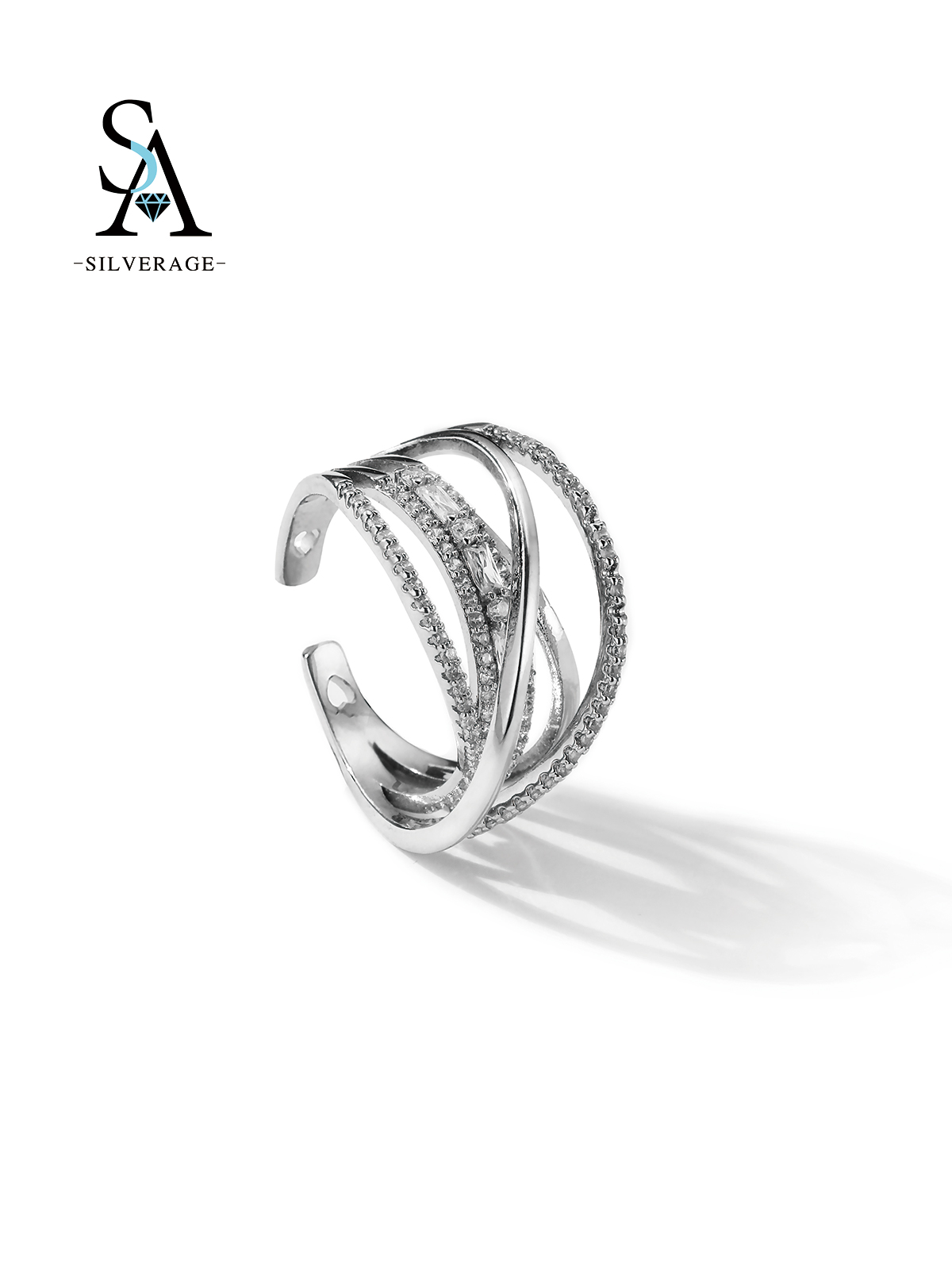 Bracelet ouvert croisé pavé argent