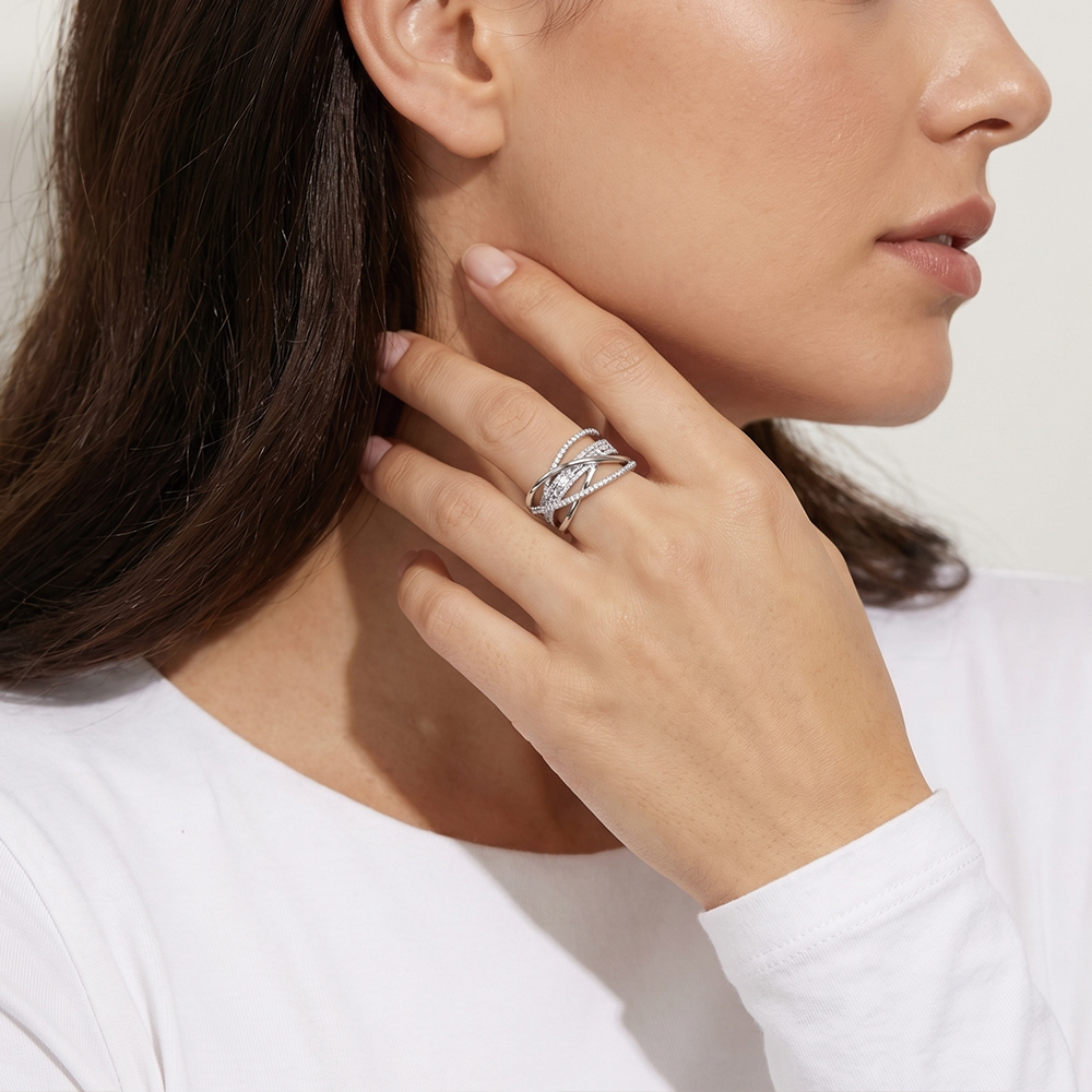 Bracelet ouvert croisé pavé argent - 2