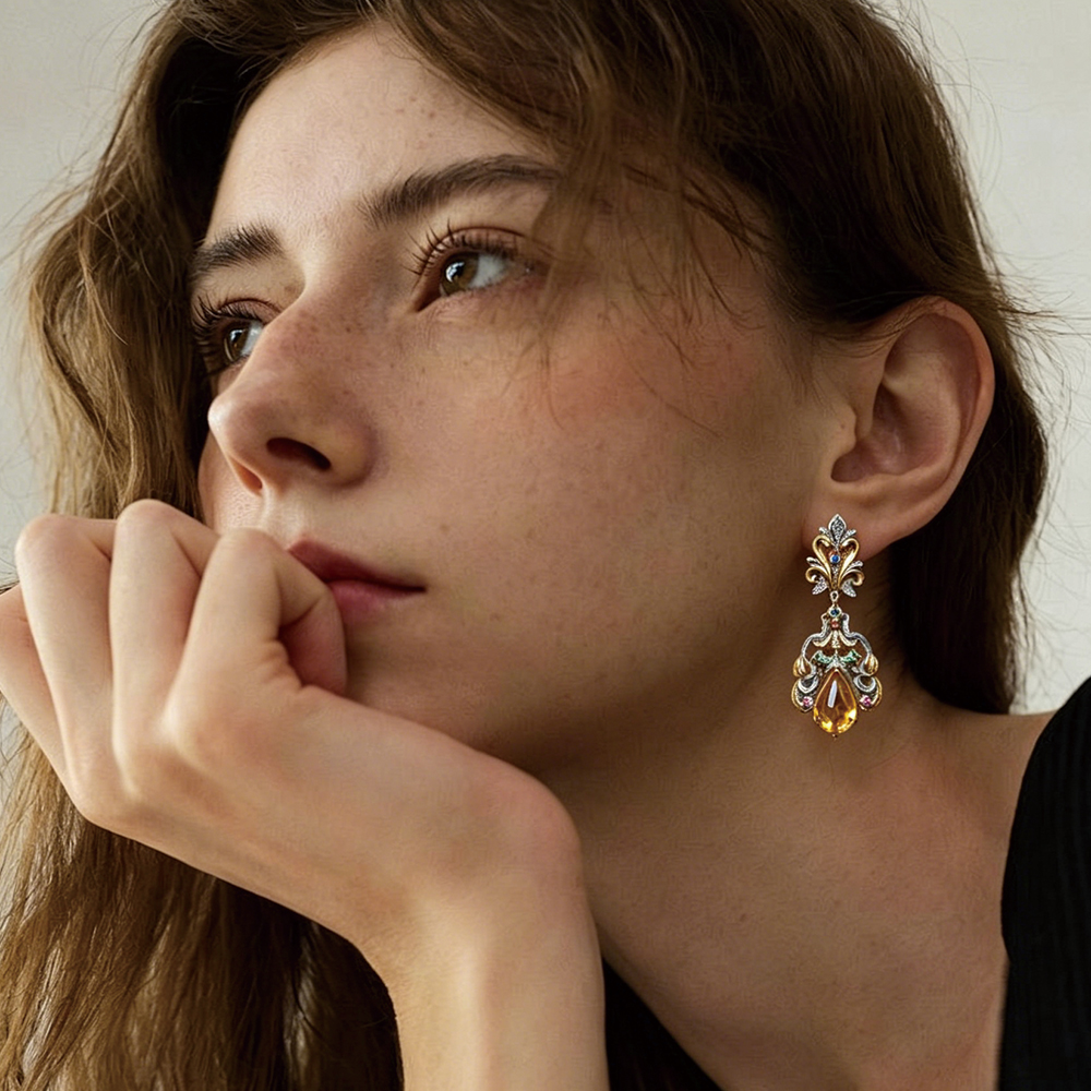 Pendientes colgantes de citrino vintage de lujo - 2