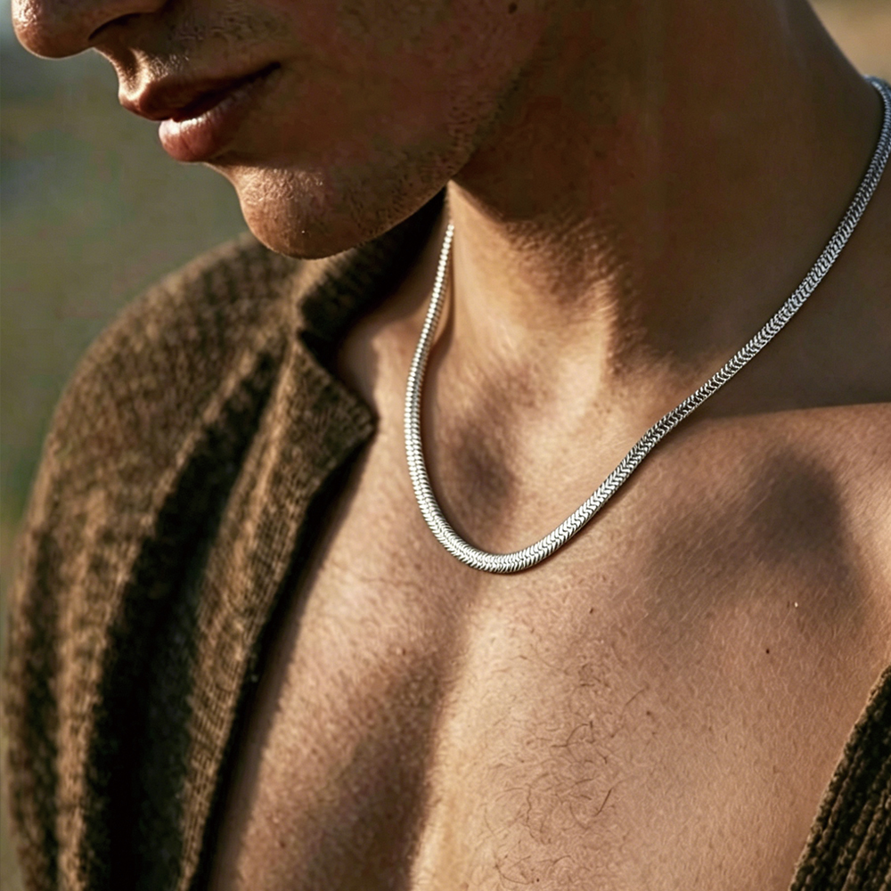 Rhodium Plated Flat Herringbone Snake Chain - 2