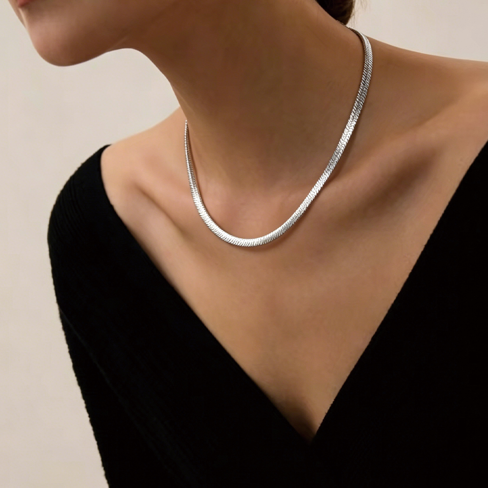 Rhodium Plated Flat Herringbone Snake Chain - 3