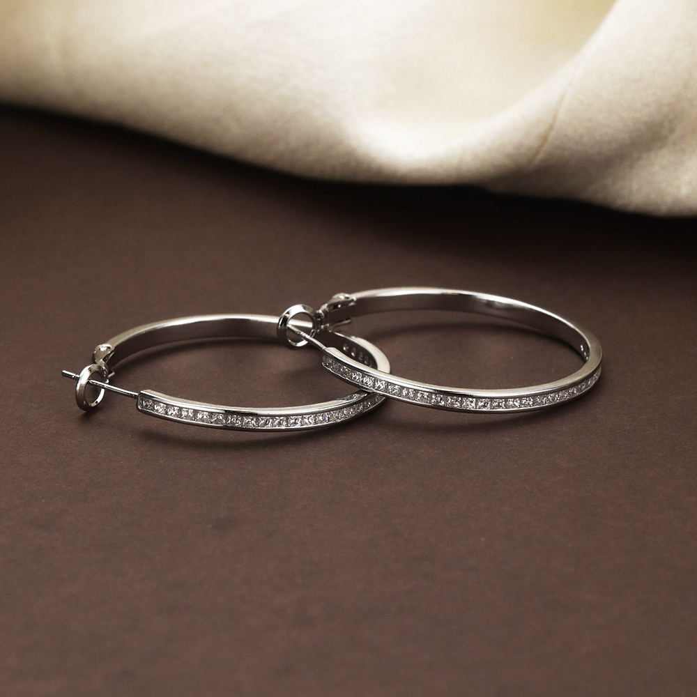 Rhodium Plated Half CZ Paved Hoop - 2