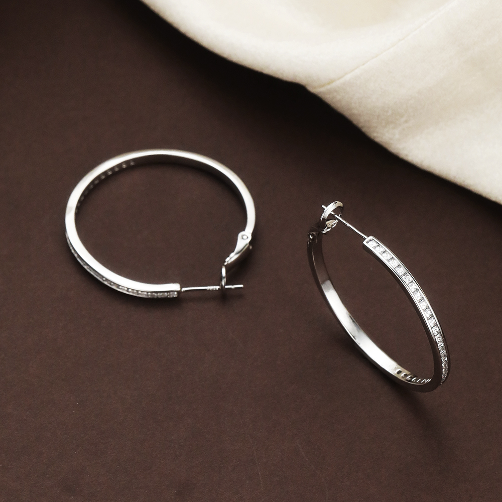 Rhodium Plated Half CZ Paved Hoop - 3