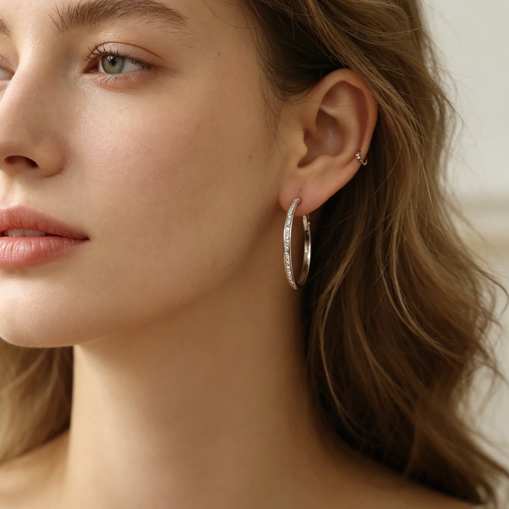 Rhodium Plated Half CZ Paved Hoop - 2