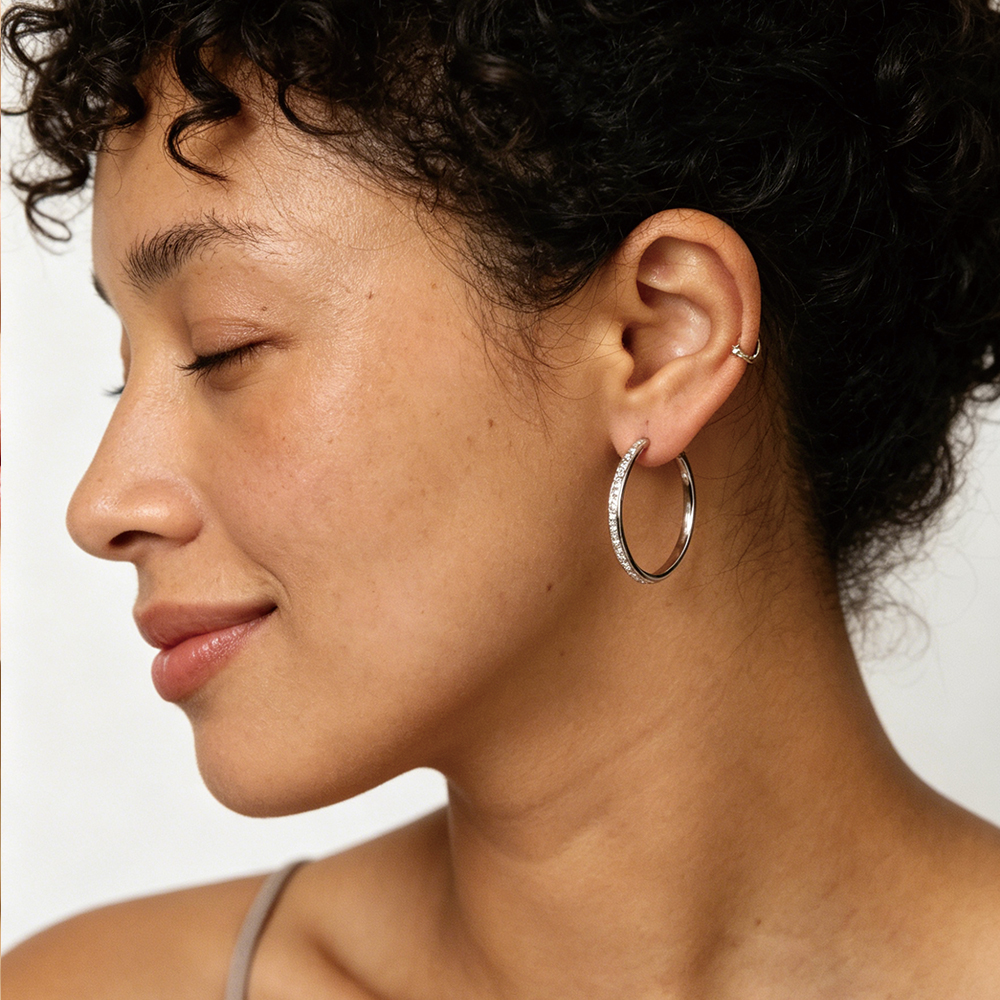 Rhodium Plated Half CZ Paved Hoop - 3
