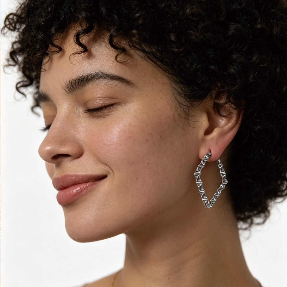 Rhodium Plated Heart Square Hoop - 3