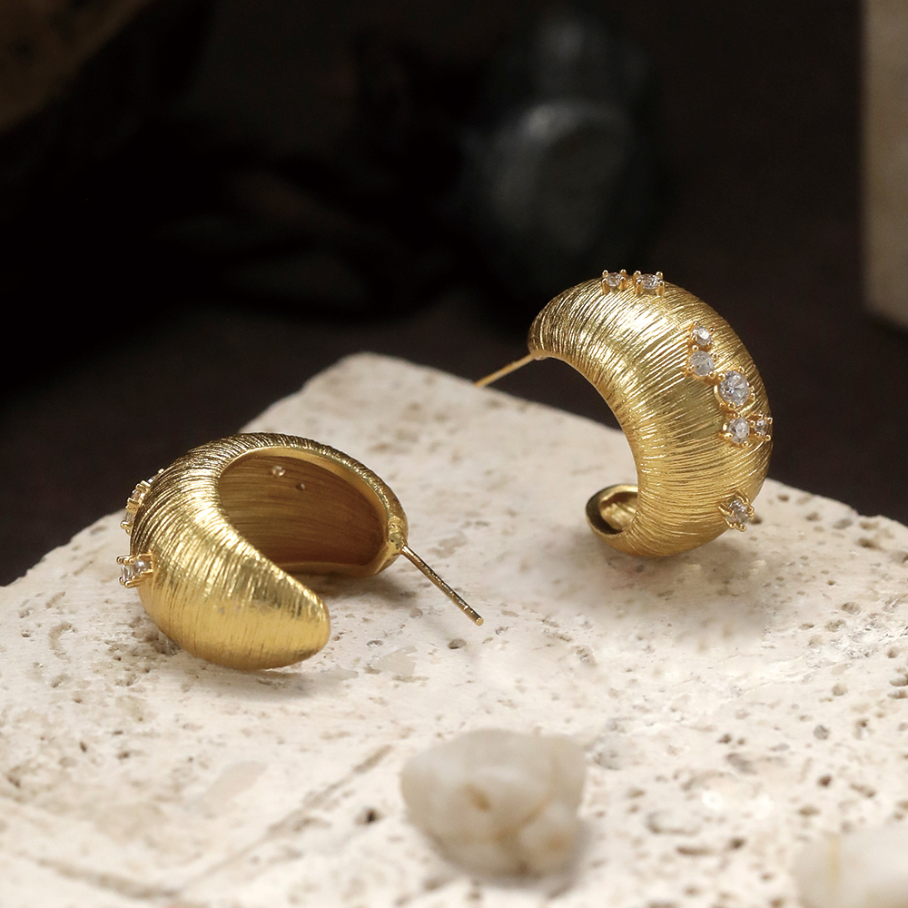 Brushed Gold Crystal Hoop Studs - 2