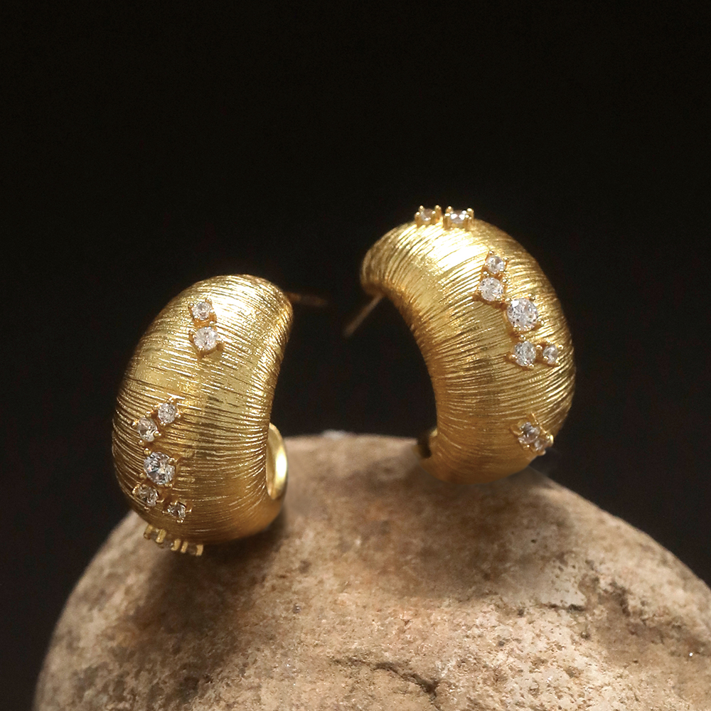 Brushed Gold Crystal Hoop Studs - 3