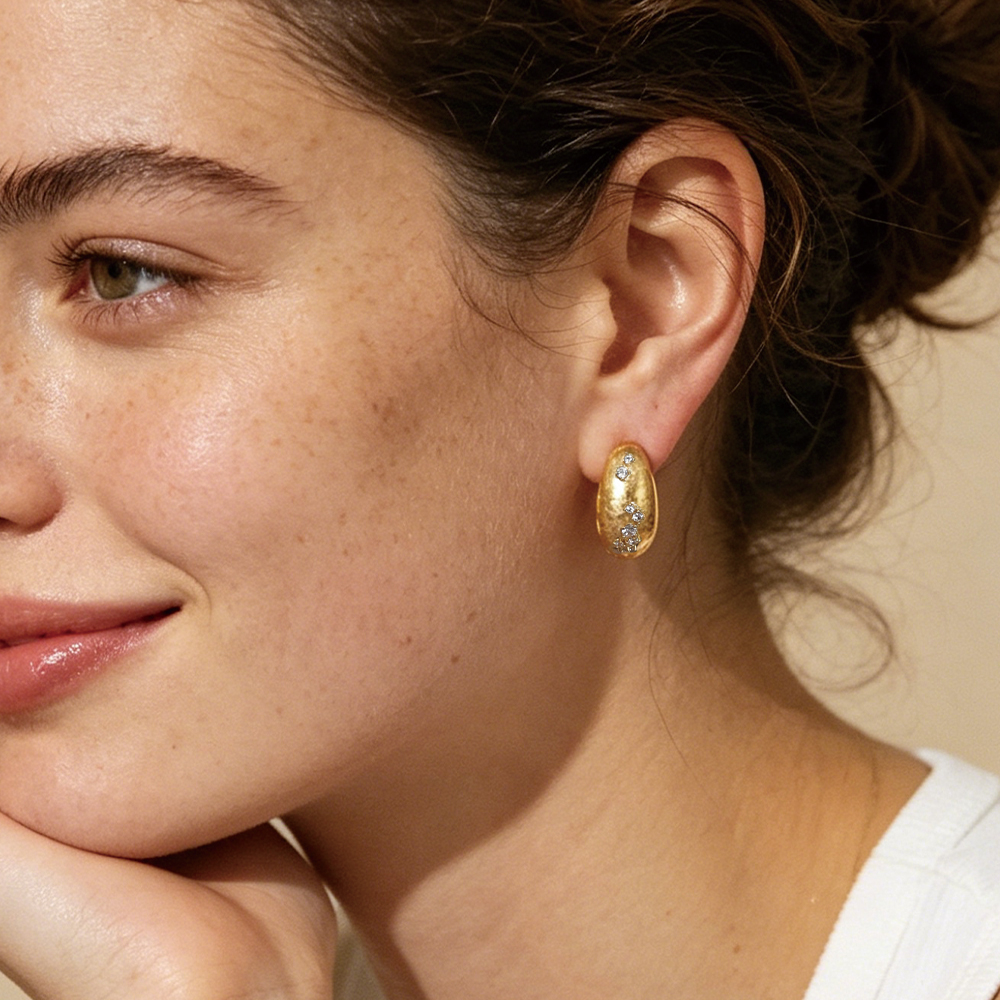Brushed Gold Crystal Hoop Studs - 2