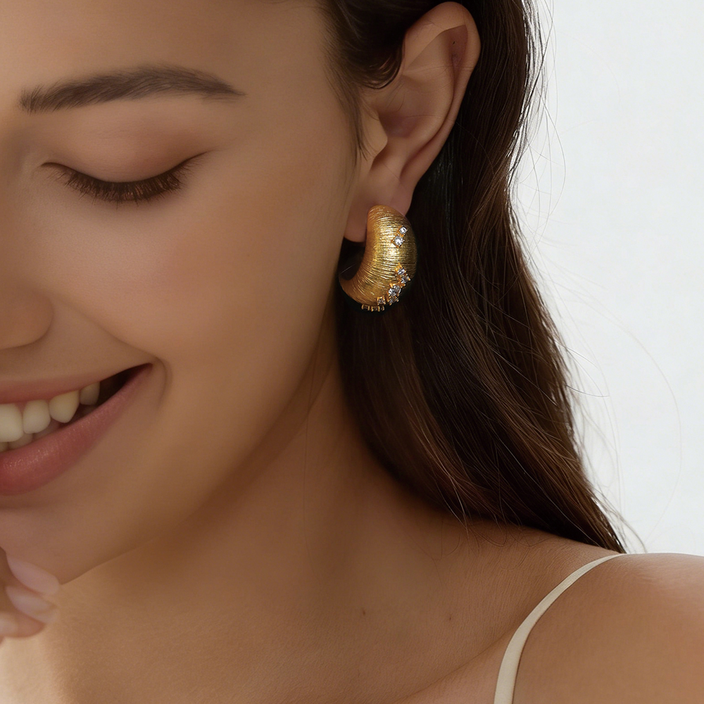 Brushed Gold Crystal Hoop Studs - 3