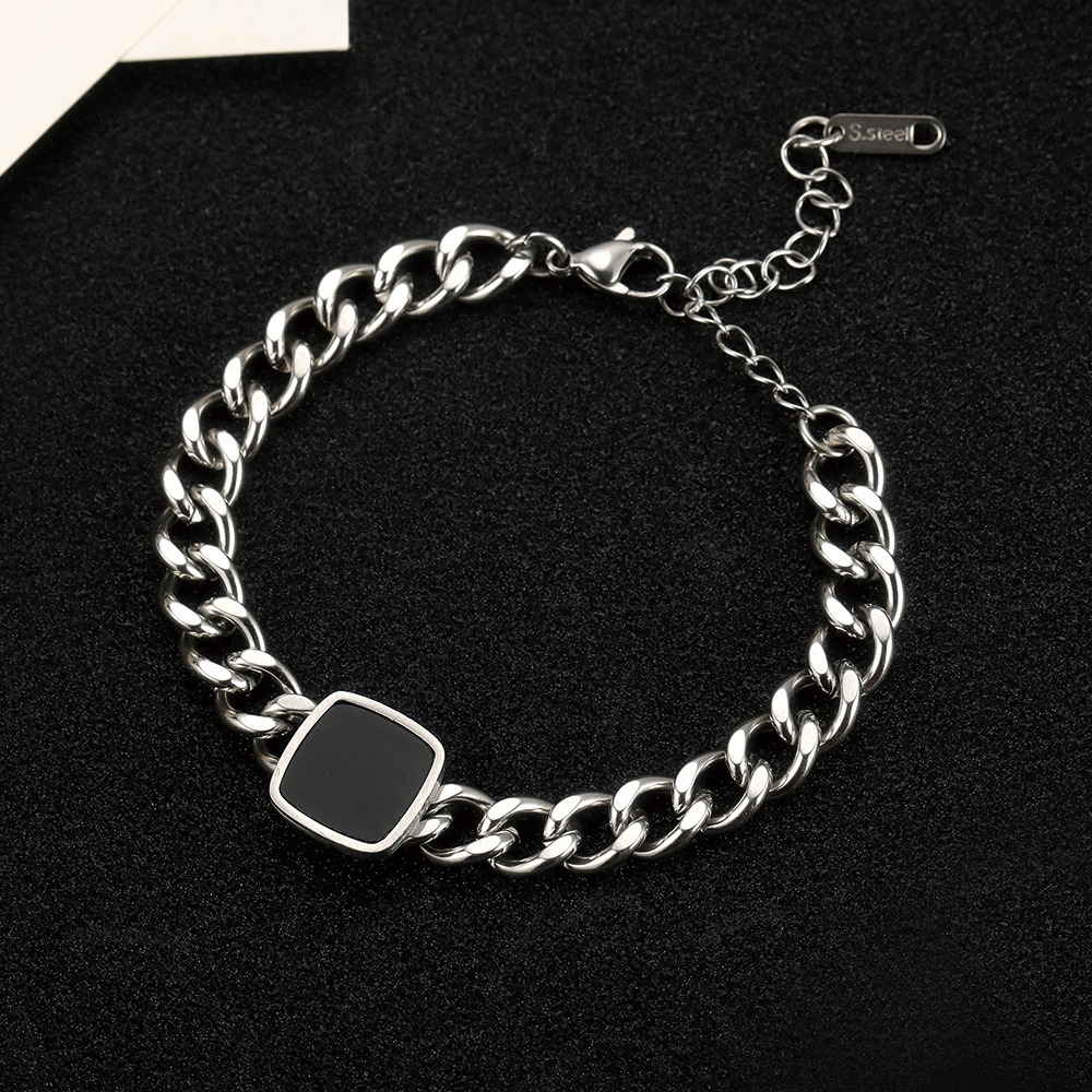 Bracelet chaîne cubaine pierre carrée noire - 2
