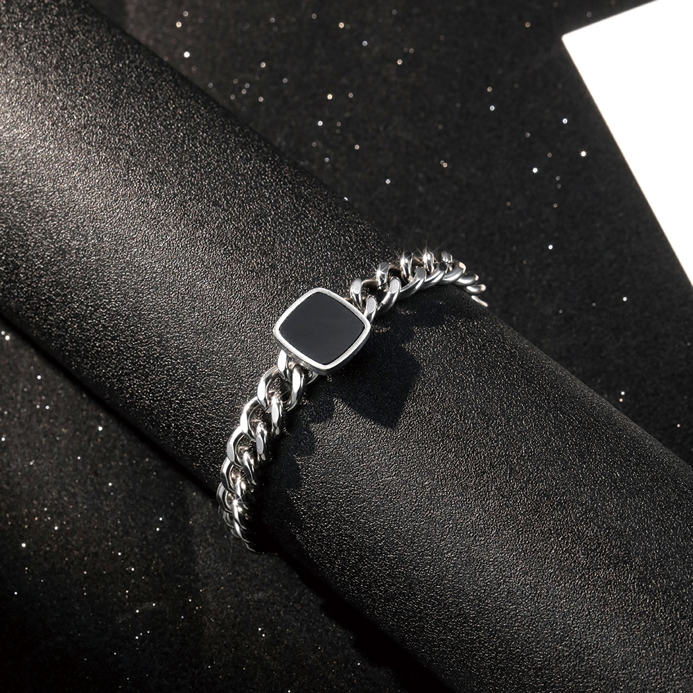 Bracelet chaîne cubaine pierre carrée noire - 3